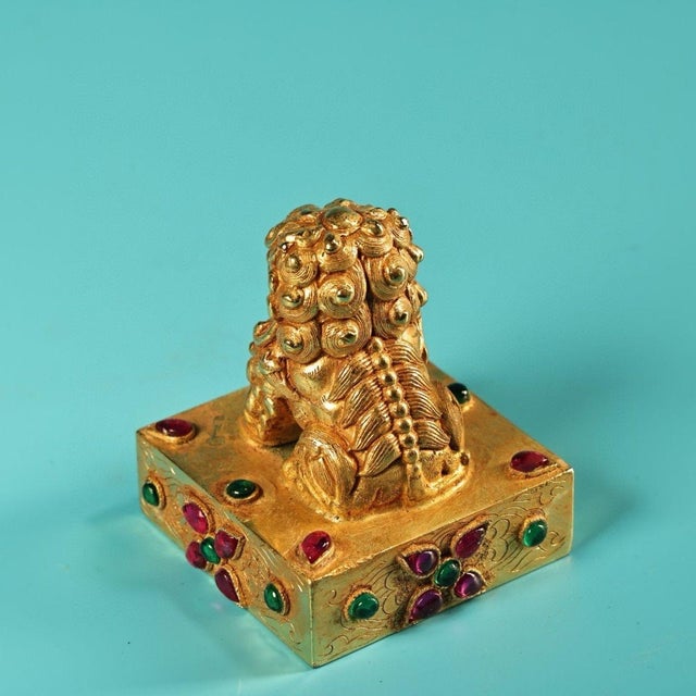 Gilt Bronze Guardian Lion Seal – 2.2" Foo Dog Stamp With Gemstone Inlay & Seal Script For Sale In Los Angeles - Image 6 of 9