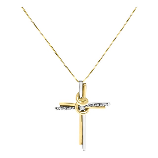 10K Two-Tone Yellow & White Gold Diamond-Accented Cross 18" Pendant Necklace (J-K Color, I2-I3 Clarity) For Sale