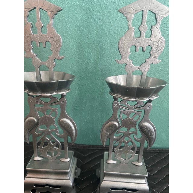 Mid 20th Century Pair of Early-Mid 20th Century Chinese Silver-Finished Brass Altar Candlesticks – Cranes & Fish For Sale - Image 5 of 9