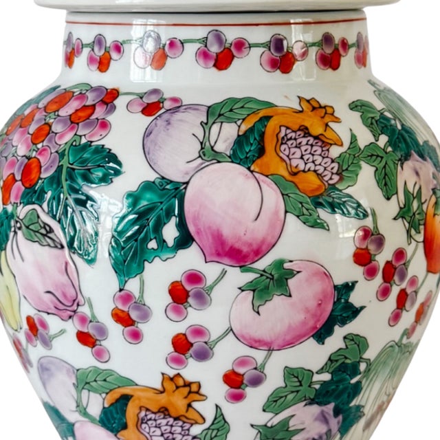 Persimmon Vintage 1970s Chinese Export Porcelain Fruit Motif Temple Jars - Pair For Sale - Image 8 of 13