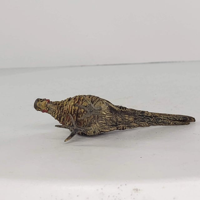 Vintage Mid 20th Century Austria Bronze Cold Painted Ring-Necked Pheasant Miniature Figurines - a Pair For Sale - Image 11 of 13