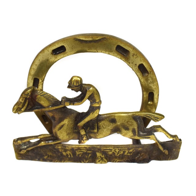 Original made in England solid brass equestrian horseshoe and horse jockey letter rack or napkin holder. It is great piece...