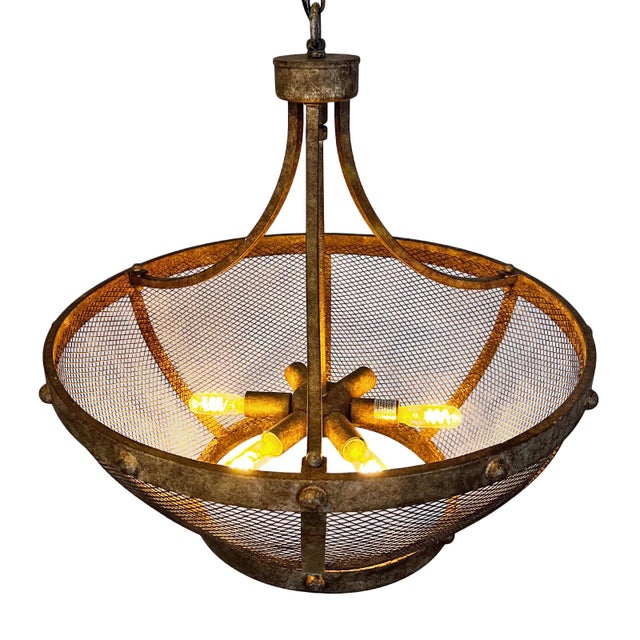 Industrial Spanish Aged Iron Mesh Bowl Chandelier For Sale - Image 4 of 10