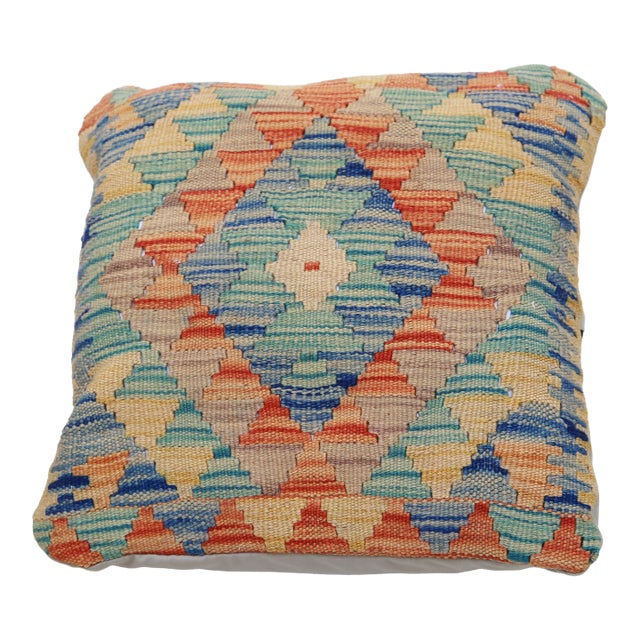 Arteverk Handwoven Afghan Kilim Pillow — Teal & Red Diamonds For Sale