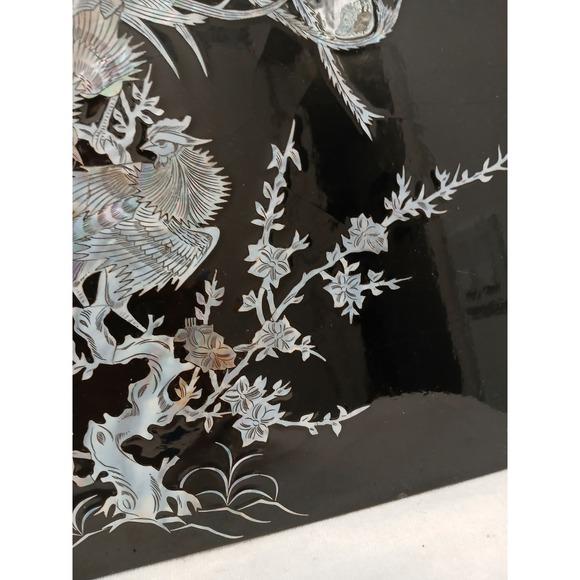 Exotic Asian Mother of Pearl Inlay Lacquer Art Panel Peacock Phoenix Birds Black Silver For Sale In San Diego - Image 6 of 14