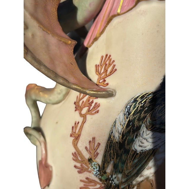 Late 19th Century Victorian Dragon Handle Ceramic Vase W/ Hand Painted Corvus by Alfred Stellmacher For Sale - Image 11 of 11