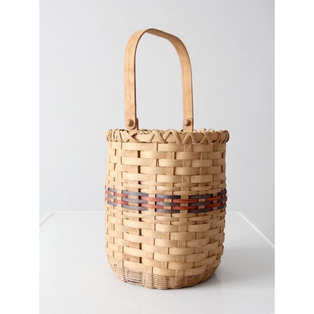 Mid 20th Century Vintage Woven Splint Basket With Swing Handle For Sale - Image 5 of 13