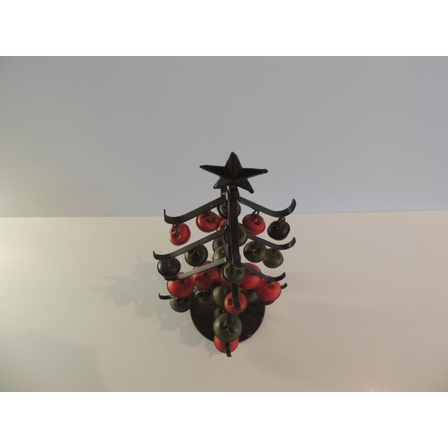 Folk Art Vintage Arts and Crafts Style Metal Christmas Tree With Painted Tissabells Ornaments For Sale - Image 3 of 5