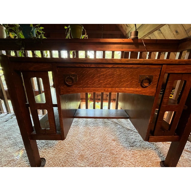 Antique Mission Oak Desk With Bookcase Ends, Arts & Crafts Writing Desk, C. 1910 For Sale - Image 9 of 12
