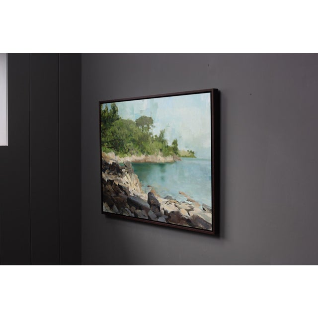 Green Contemporary Light Among Rocks by Jon Doran | Oil on Panel Rocky Cove With Turquoise Water For Sale - Image 8 of 9
