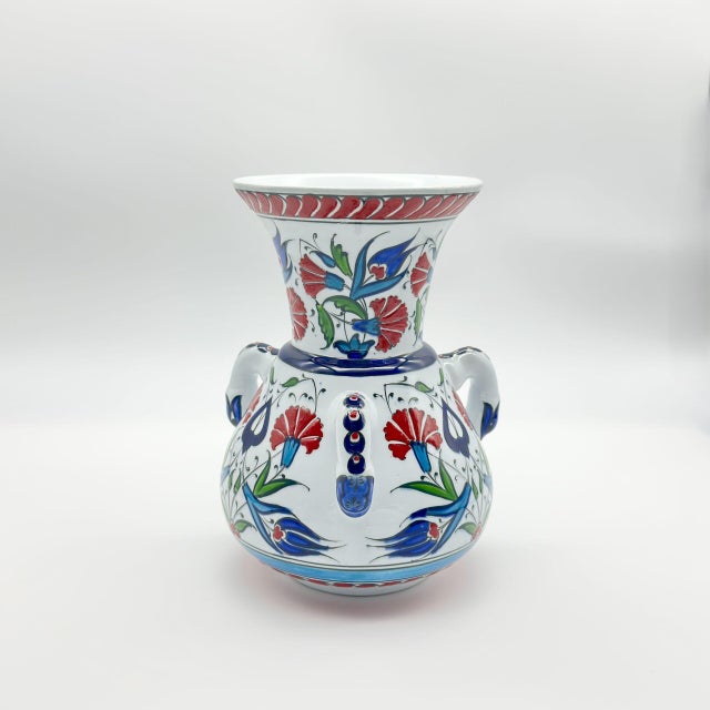 Ceramic Handmade Ceramic Kandil Vase (20cm) Classic White Floral Triple Handled Form For Sale - Image 7 of 9