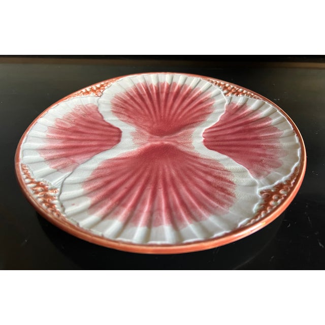 French Sarreguemines French Majolica Pink Shell Motif Plate, C. 1920's For Sale - Image 3 of 8
