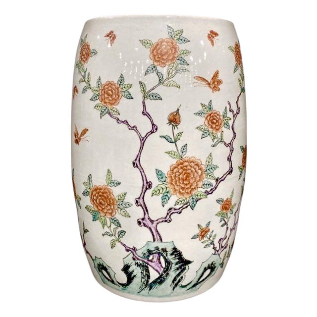 Vintage 20th Century Large Chinoiserie Hand Painted Chinese Famille Verte / Rose Ceramic Garden Stool for Lord & Taylor For Sale