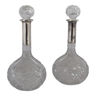Antique European Cut Crystal Decanters With 880 Silver Collars - a Pair For Sale
