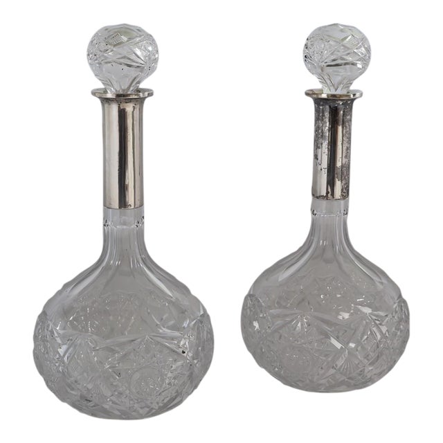 Antique European Cut Crystal Decanters With 880 Silver Collars - a Pair For Sale