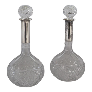 Antique European Cut Crystal Decanters With 880 Silver Collars - a Pair