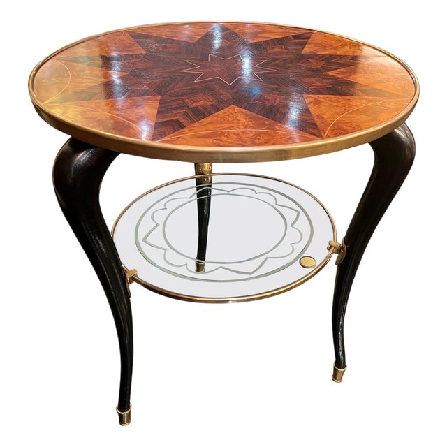 Italian Marquetry Brass and Glass 2-Tiered Side Table, 1959 For Sale