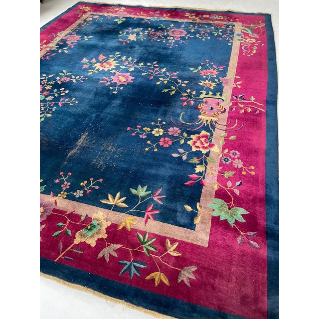 1920s Antique Art Deco Asian Botanical Garden Magenta Rug 9.2 x 11.8 For Sale - Image 5 of 15