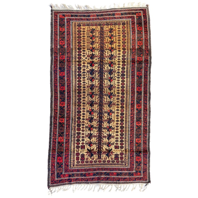 1930s 1930s Caucasian Red Gold Brown Geometric Tribal Baluch Rug For Sale - Image 5 of 5