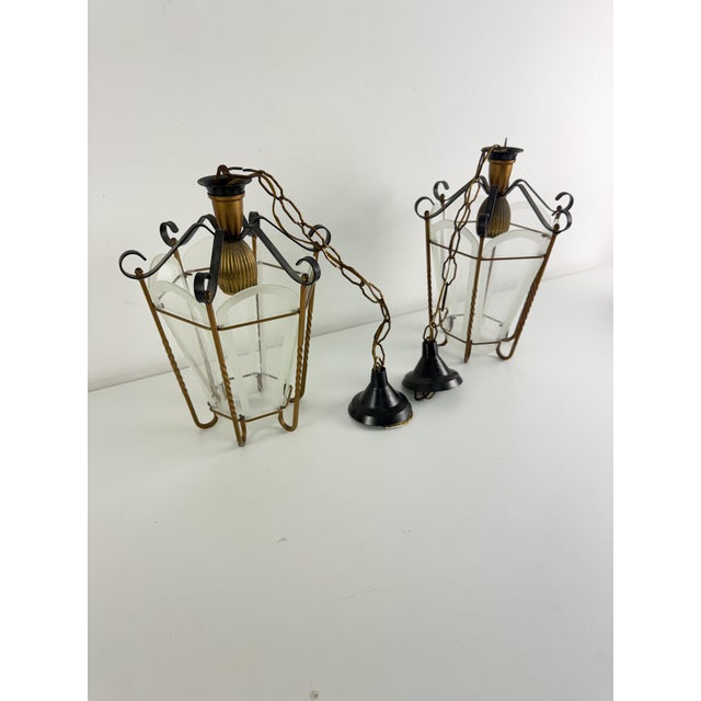 Pendant Lamps in Brass and Murano Glass, 1950s, Set of 2 For Sale - Image 4 of 13