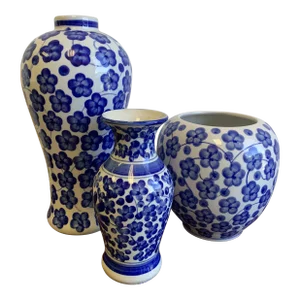 Late 20th Century Blue & White Floral Chinese Vases - Set of 3