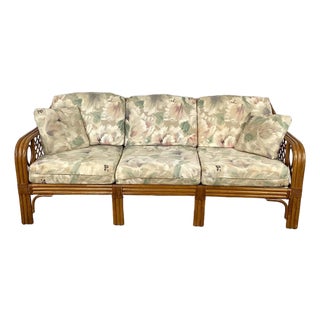 Vintage Rattan Three-Seat Sofa, Diamond Lattice Arms, Ficks Reed Style For Sale