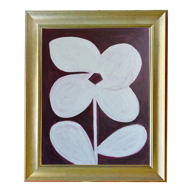 Original Four-Petal Flower Painting in Brushed Gold Frame, Oil on Canvas, 21" H X 17" W by Tatiana Duperault For Sale