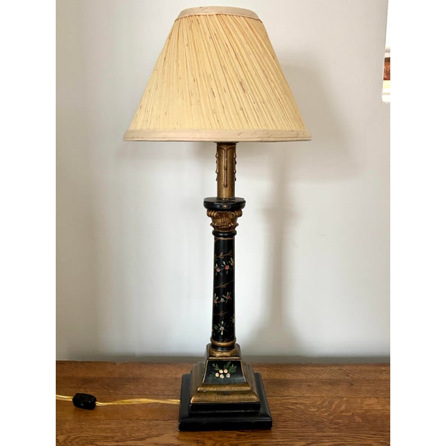 Mid 20th Century Black and Gold Neoclassical Style Column Lamp With Painted Florals For Sale - Image 6 of 12