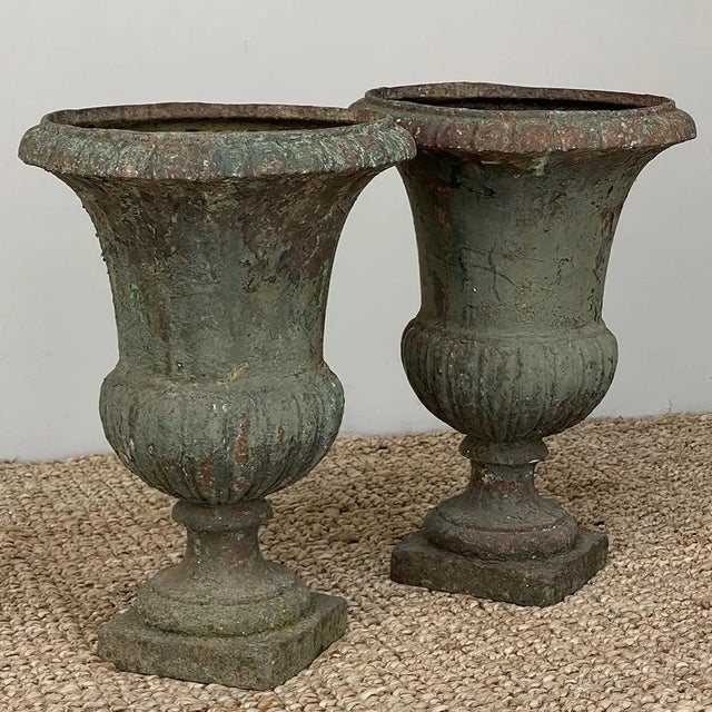 French Pair 19th Century French Neoclassical Cast Iron Garden Vases ~ Jardinieres For Sale - Image 3 of 13