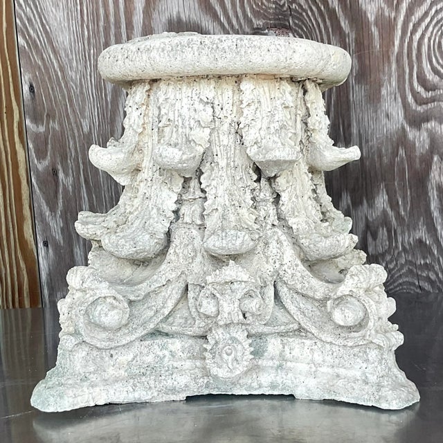 Classical Roman Vintage Boho Cast Concrete Corinthian Column Top For Sale - Image 3 of 12