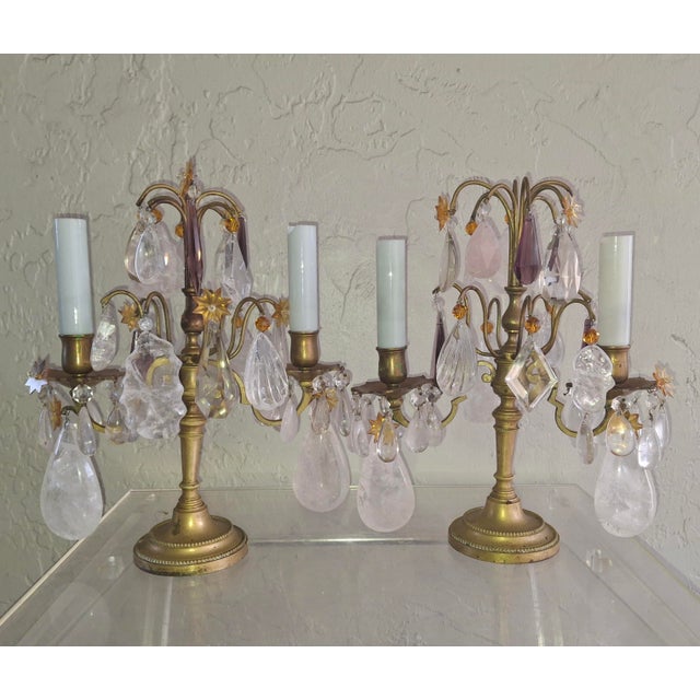 Pair 19thc Opulent French Louis XVI Bronze and Rock Crystal Girandoles/ Table Lamps. Stunning elaborate use of large...