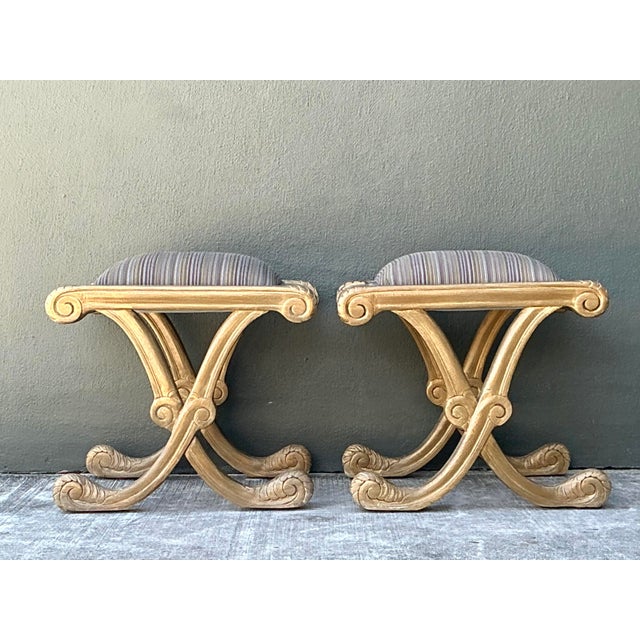 Wood Vintage Gilt Tipped X Benches - A Pair For Sale - Image 7 of 12