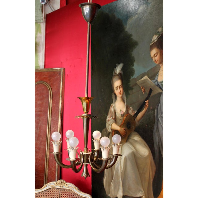 Art Deco Italian Brass 6-Lights Chandelier attributed to Gio Ponti for Lanci, 1930s For Sale - Image 6 of 14