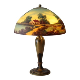 Antique Jefferson Reverse Painted Scenic Landscape Table Lamp Unsigned For Sale