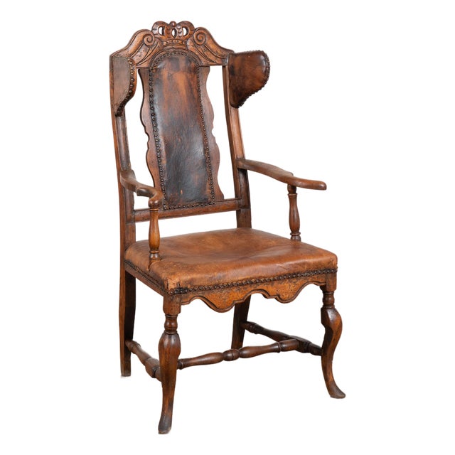 19th Century Danish Oak and Leather Wingback Armchair For Sale