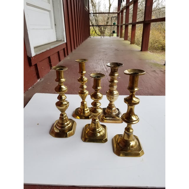 Antique 19th Century English Brass Assembled Candlesticks - Set of 5 For Sale In Philadelphia - Image 6 of 6
