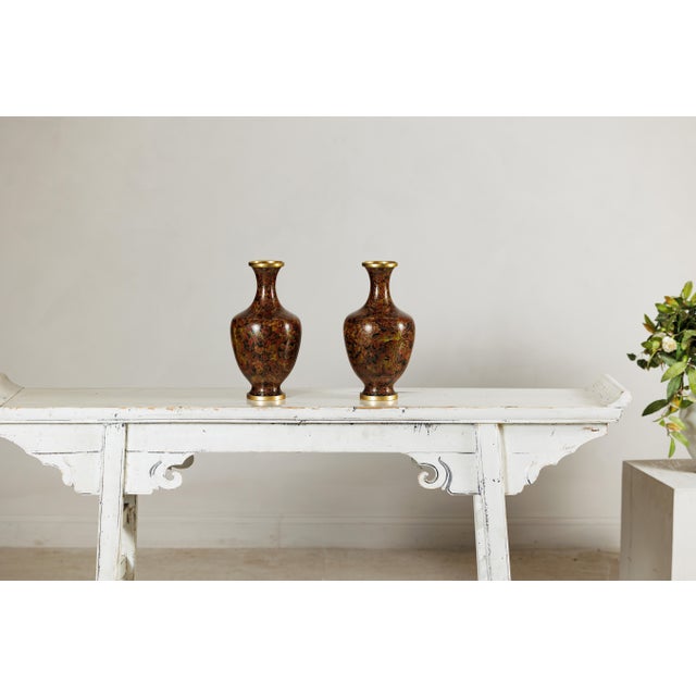 Cloisonné Vases with Warm Reddish Brown Ground and Floral Decoration - A Pair For Sale - Image 13 of 18