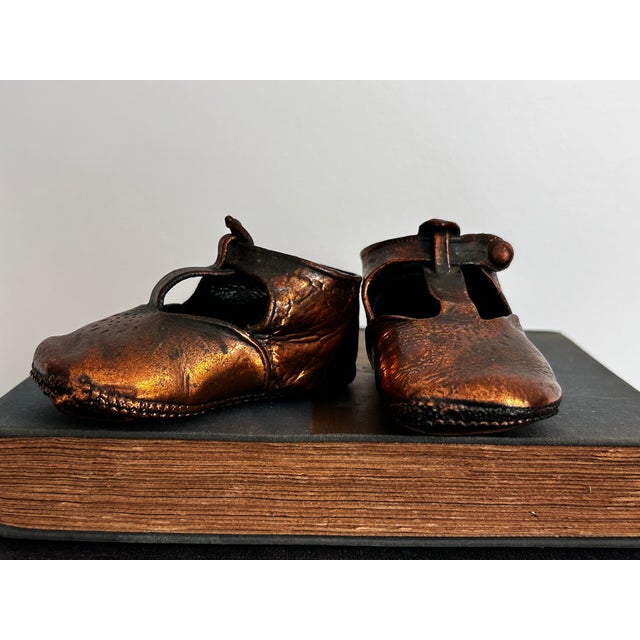 Metal Vintage Pair Mid Century Modern Copper Plated Baby Shoes Nursery Decor For Sale - Image 7 of 14