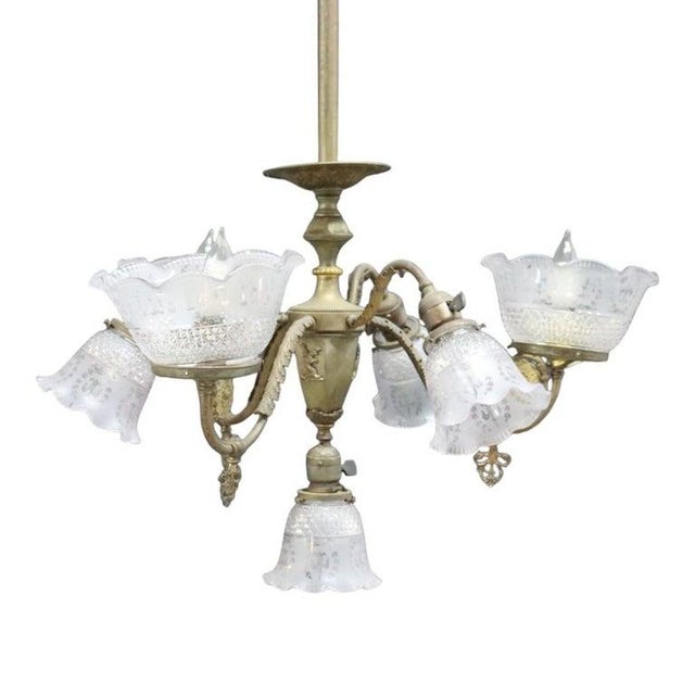 Brass Electric & Gas 7-Light Chandelier & Diamond Cut Ruffled Glass Shades C1890 For Sale - Image 4 of 13