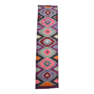 1970s Vintage Handmade Wool Cotton Purple Runner Rug For Sale