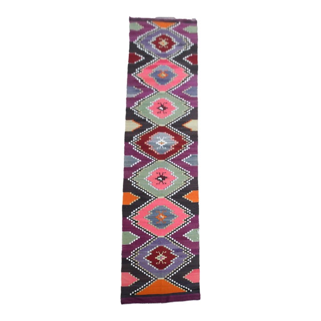1970s Vintage Handmade Wool Cotton Purple Runner Rug For Sale