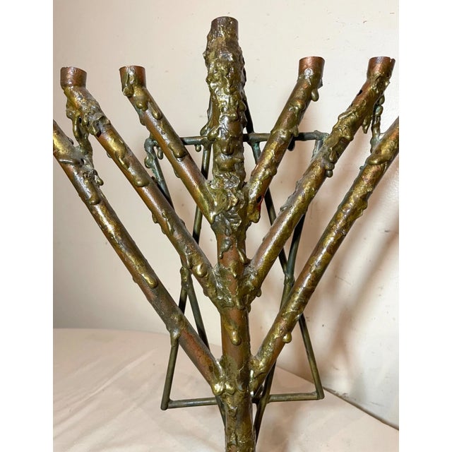 1970s Share Vintage Handmade Brass Copper Signed Brutalist Jewish Judaica Menorah Candelabra For Sale - Image 5 of 16