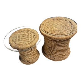 1960s Vintage Mid Century Boho Jute Bamboo Pencil Reed Wicker Nesting Tables For Sale