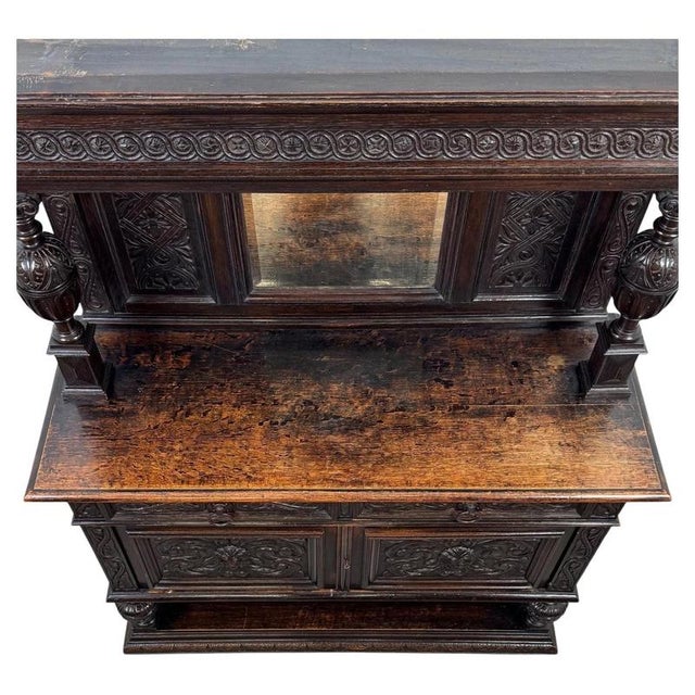 Antique Victorian English Carved Oak Mirror-Back Sideboard For Sale - Image 4 of 13