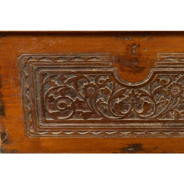 Mid 20th Century Indonesian Vintage Wooden Blanket Chest with Carved Foliage and Floral Motifs For Sale - Image 9 of 13