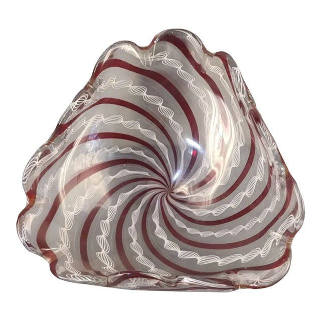 Mid 20th Century Venetian Attributed Murano Latticino Ruby Red White Ribbons Heavy Free Form Art Glass Bowl Tray For Sale