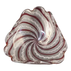 Mid 20th Century Venetian Attributed Murano Latticino Ruby Red White Ribbons Heavy Free Form Art Glass Bowl Tray