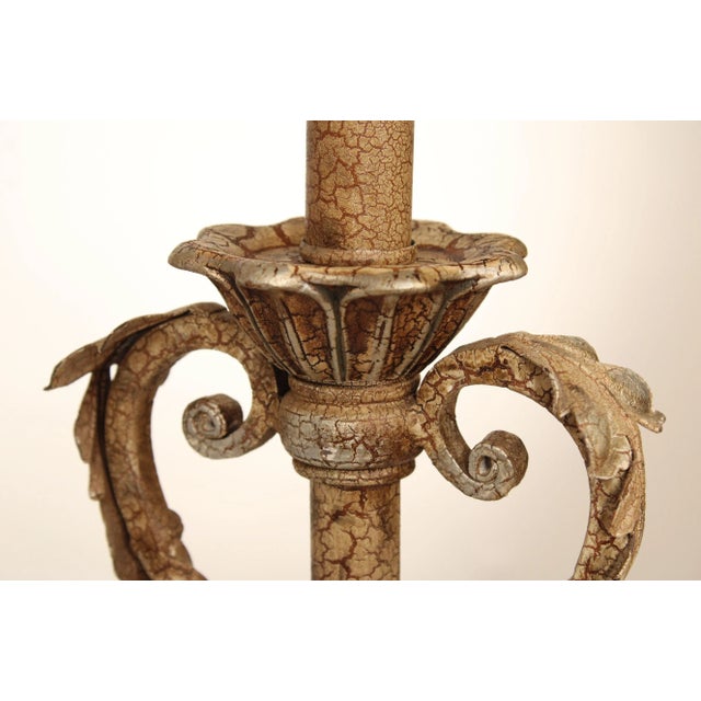 Silver Distressed Painted Finish Pair Wrought Iron Table Lamps For Sale - Image 8 of 12