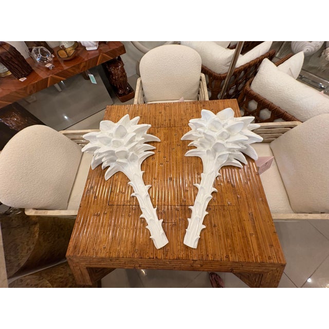 Hollywood Regency Vintage Palm Beach Pair Serge Roche Style Plaster Palm Frond Wall Light Sconces For Sale - Image 3 of 12
