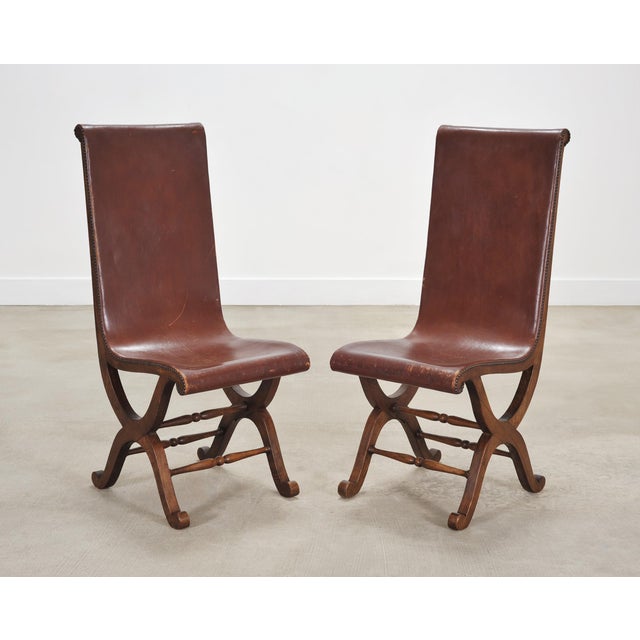 Brown Set of Eight French Provincial Leather Oak Curule Dining Chairs For Sale - Image 8 of 18